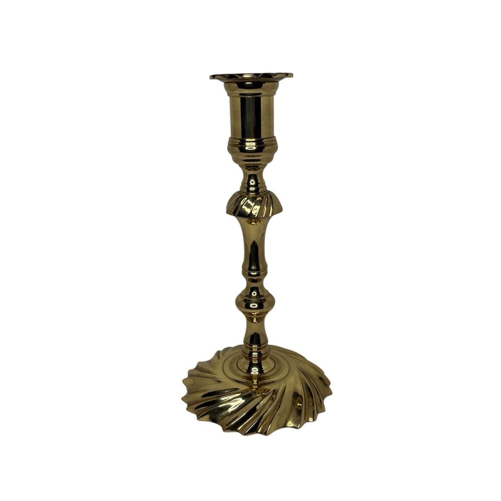 Antique English seam cast brass swirl base candlestick (c. 1750)